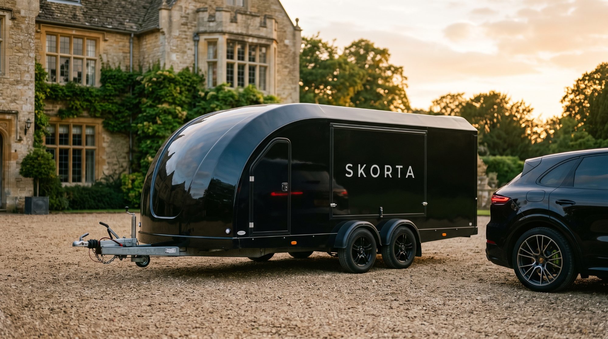 The SKORTA enclosed trailer with its domed nose, hitched to the Cayenne at a country estate (concept image)