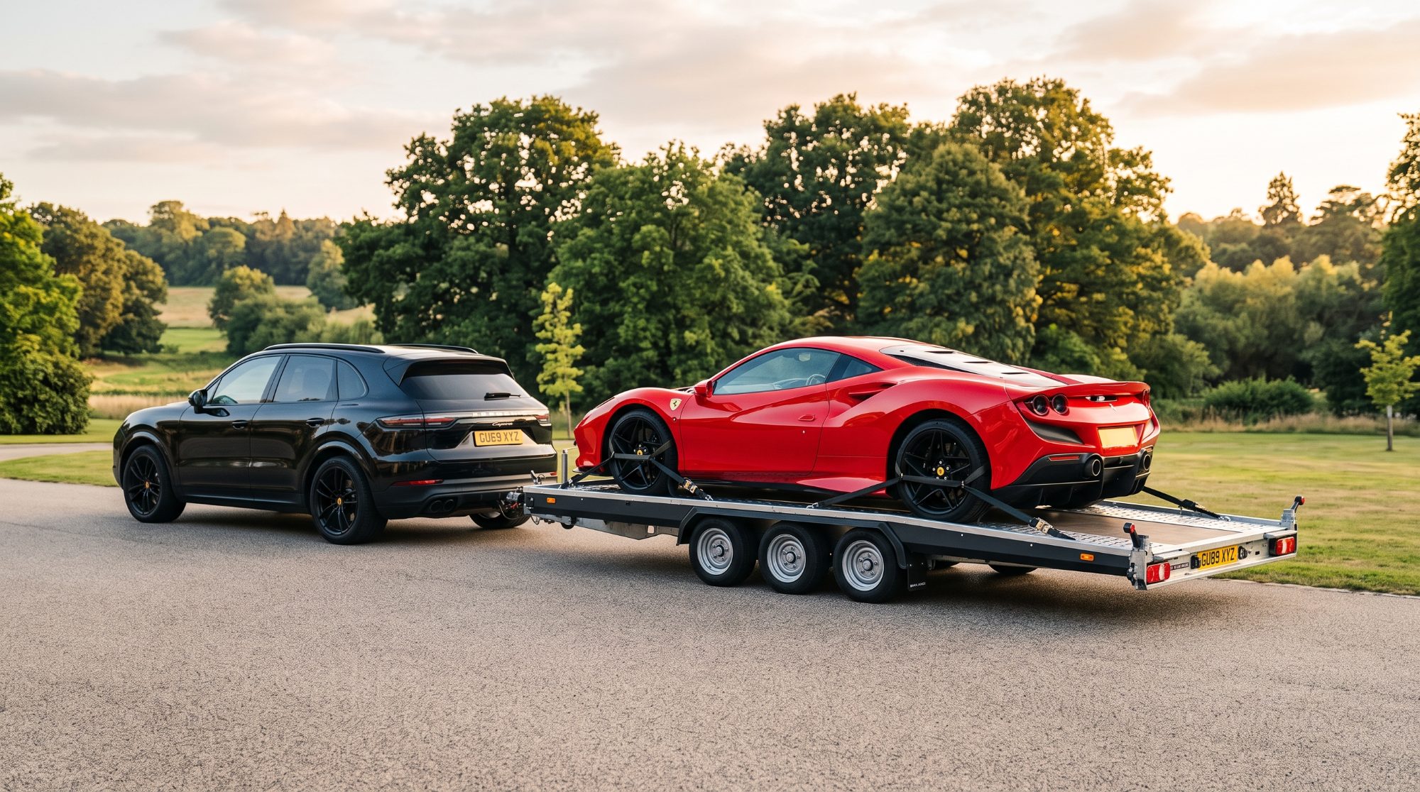 A red supercar strapped over its wheels on the low aluminium open trailer behind the Cayenne (concept image)