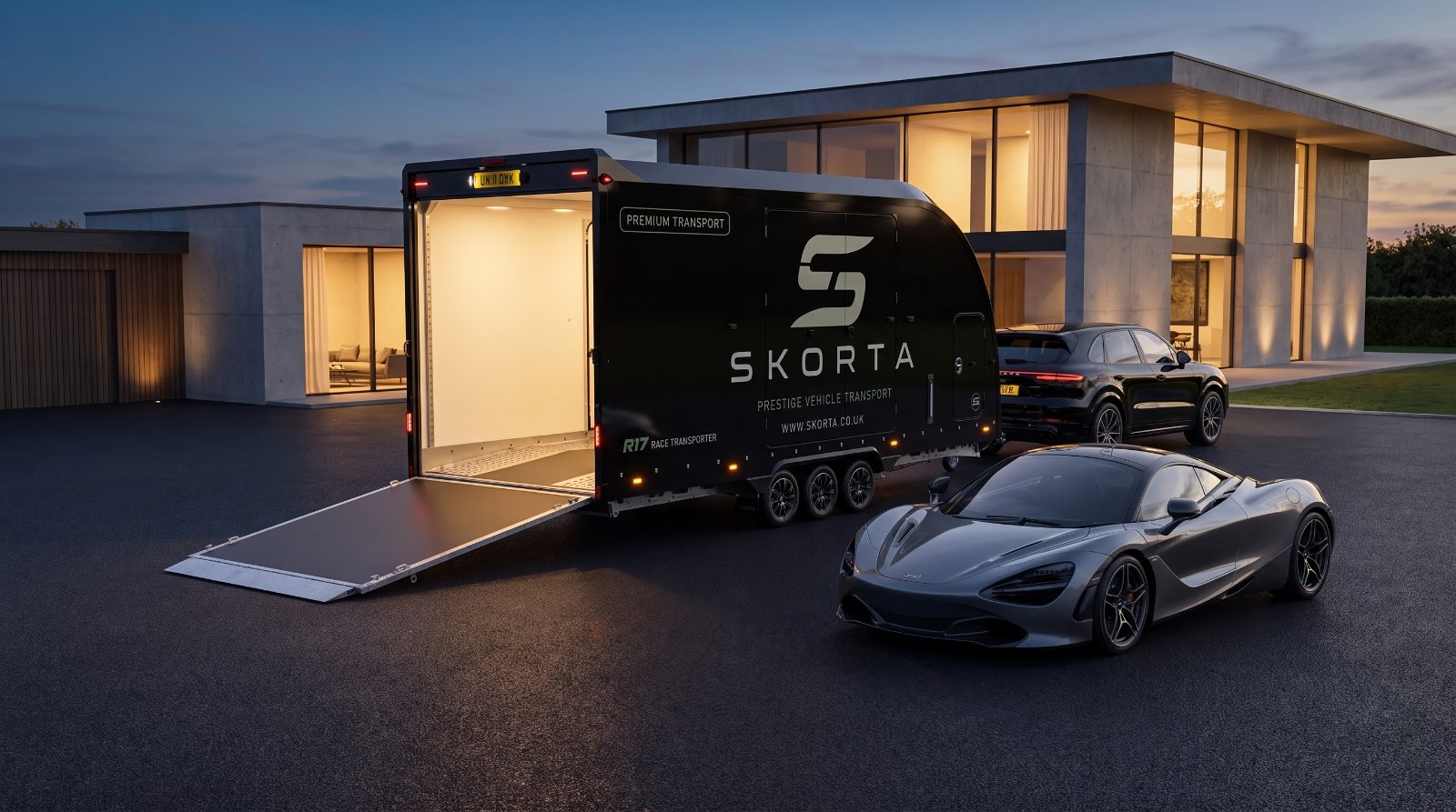 A grey McLaren 720S beside the open SKORTA trailer at a modern glass house at dusk